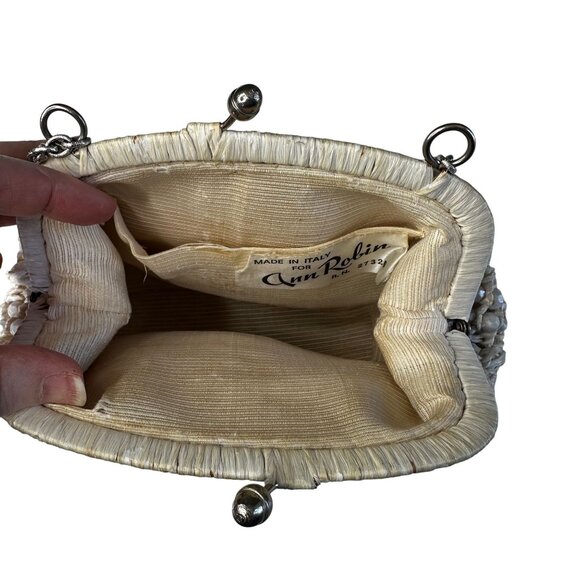 Vintage Italian Beaded Raffia Clutch Bag Cream Straw Purse - Picture 6 of 7